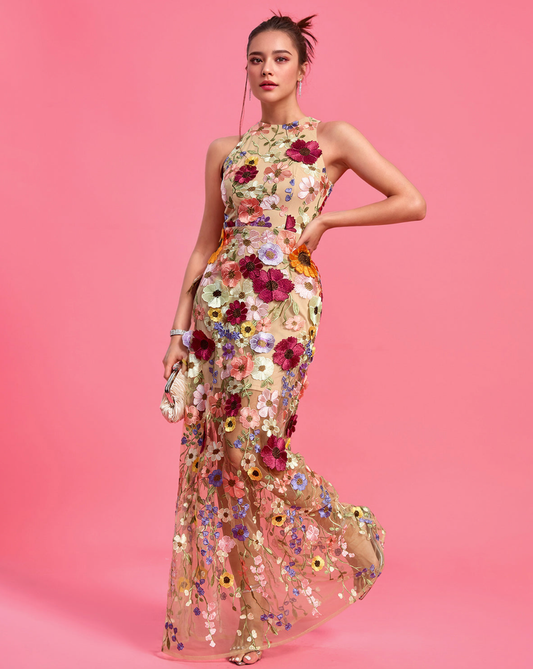Trendy Multicolor Floral Applique Maxi Dress | Mix Mix Style [Hot Seller]