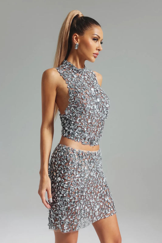 silver metallic stand dollar sleeveless full Diamond-Embellished top & mini skirt Set | Mix Mix Style