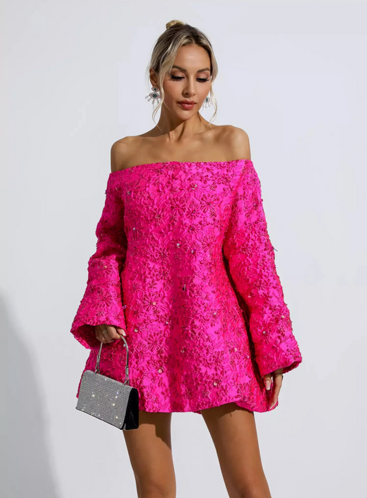 Holly Pink Off Shoulder Jacquard Floral Mini Dress | Mix Mix Style [Hot Seller]
