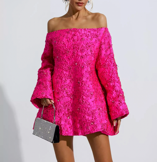 Holly Pink Off Shoulder Jacquard Floral Mini Dress | Mix Mix Style [Hot Seller]