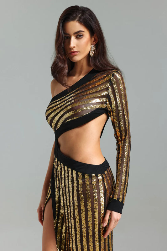 gold & black One shoulder long sleeve irregular cutout slit Metalic party maxi Dress | Mix Mix Style