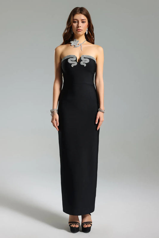 black strapless v-neck tube Diamond snakes evening party maxi Dress | Mix Mix Style