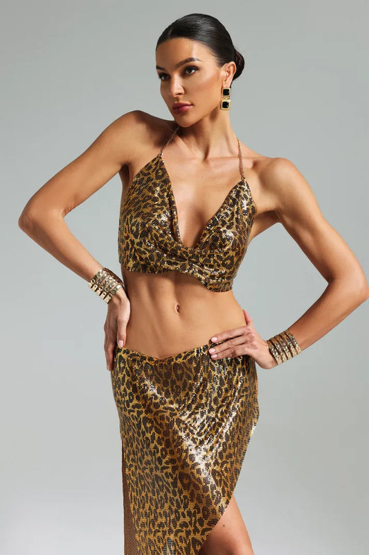 Leopard Metal Chain Strappy V-neck Irregular Halter Cocktail Crop Top & Mini Skirt Set | Mix Mix Style