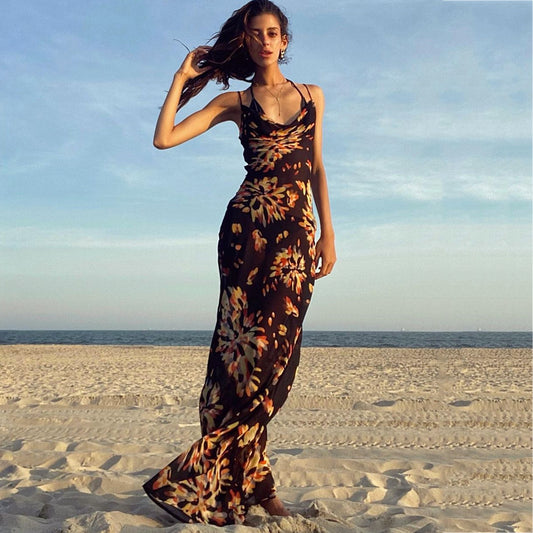 Multicolor Drapped Straps Pattern Flower Printed Backless Holiday Summer Maxi Dress | Mix Mix Style