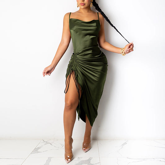 Sexy Green / Black / White Draped Slit Backless Ruched Lace-up Satin Cocktail Party Midi Dress | Mix Mix Style