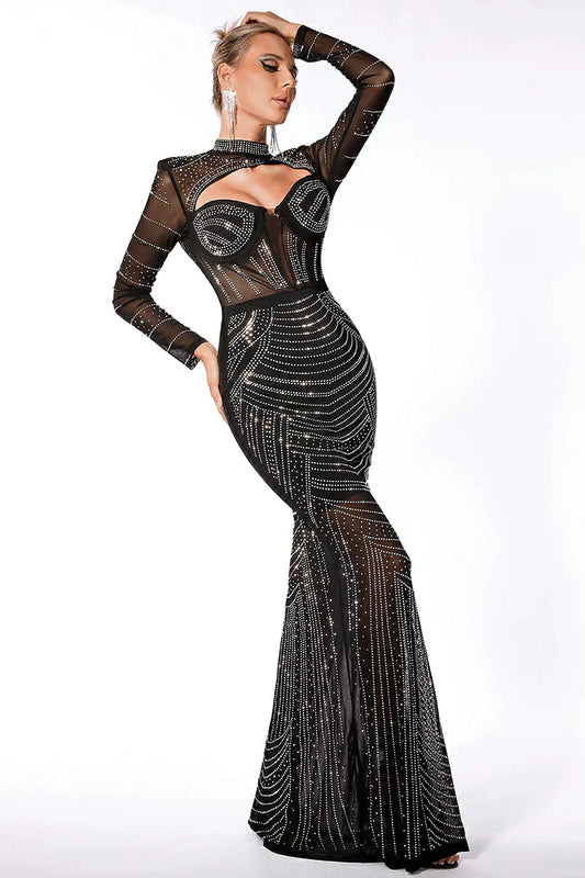 Dazzling Black Long Sleeve Mesh Rhinestone Sheer Maxi Dress | Mix Mix Style [Hot Seller]