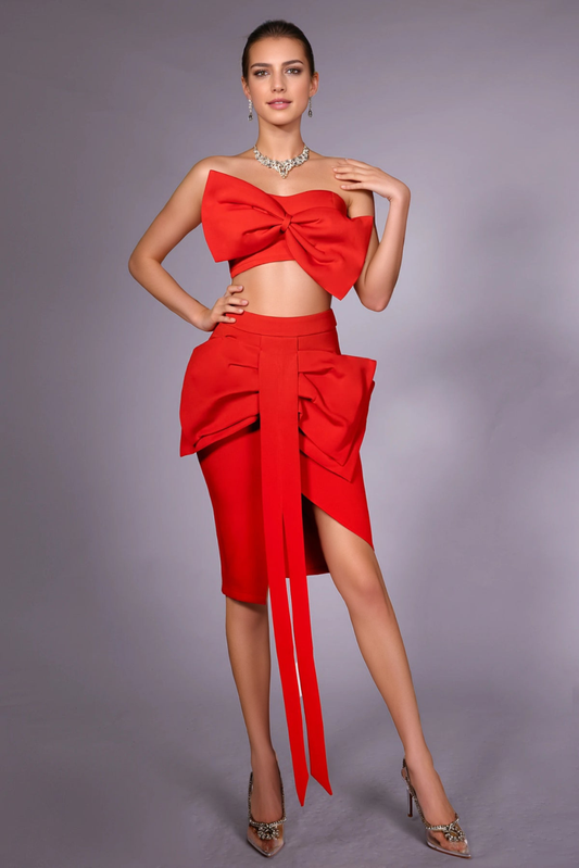 Red Strapless Bow Sash Irregular Top & Midi Skirt Set | Mix Mix Style [Hot Seller]