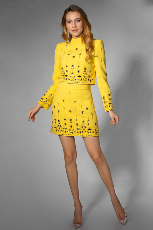 Yellow Rhinestone Flower Long Sleeve Top & Mini Skirt Set | Mix Mix Style [Hot Seller]