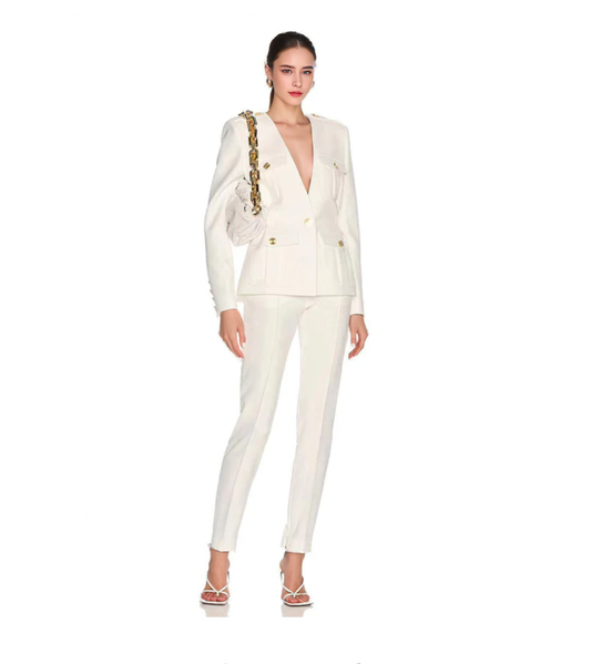 White Long-Sleeved Atmospheric V-Neck Slim Casual Suit Trousers Set Mix Mix Style [Hot Seller]