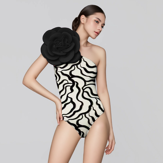 Statement Bodysuit & Swimsuit With Oversized Flower - Black | Mix Mix Style [Hot Seller]