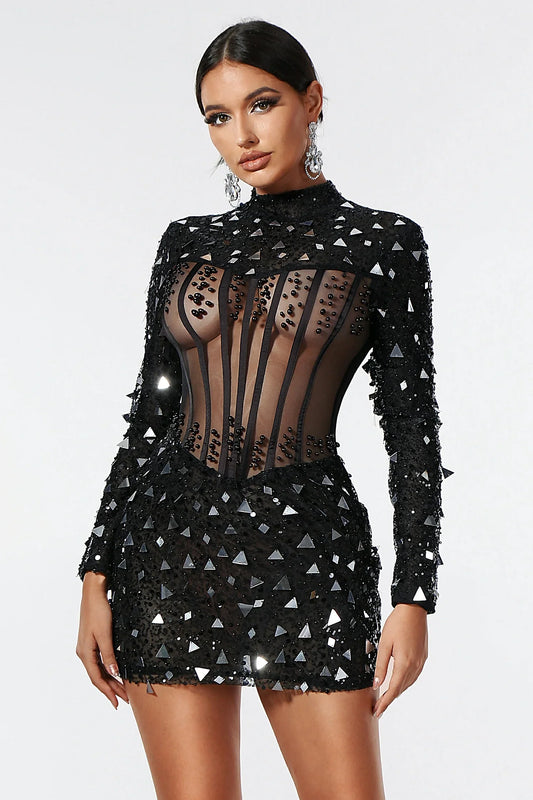 Black Long Sleeve Shiny Mirror Mesh Mini Dress | Mix Mix Style [Hot Seller]