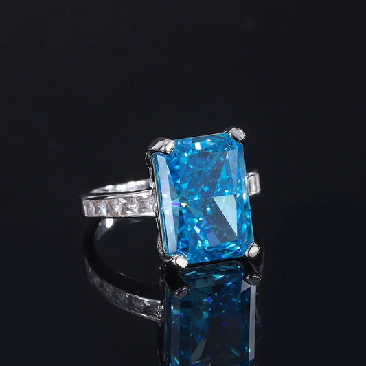 Fine Sea Blue Radiant Cut Lab Grown Diamonds 18k White Gold Sparkling Solitarie Engagement Ring | Mix Mix Style