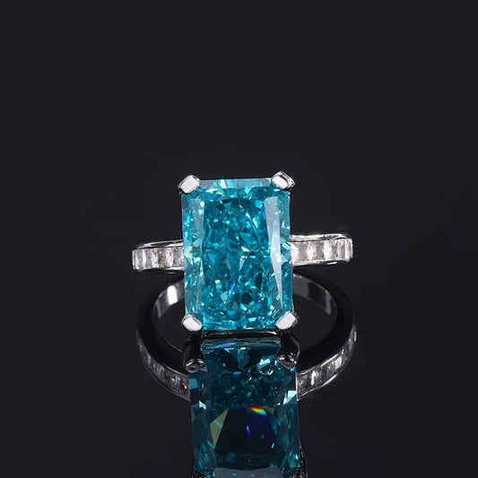 Fine Sea Blue Radiant Cut Lab Grown Diamonds 18k White Gold Sparkling Solitarie Engagement Ring | Mix Mix Style