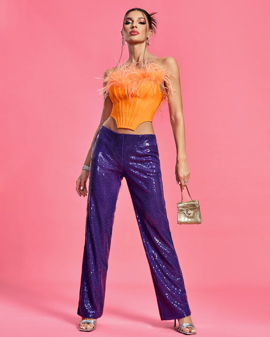 Purple Sequin Pants & Feather Orange Corset Set | Mix Mix Style [Hot Seller]