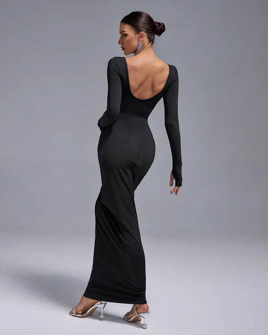 Black Long Sleeve Ruched Skirt Round Neck Open Back ruffle Bodycon maxi dress | Mix Mix Style