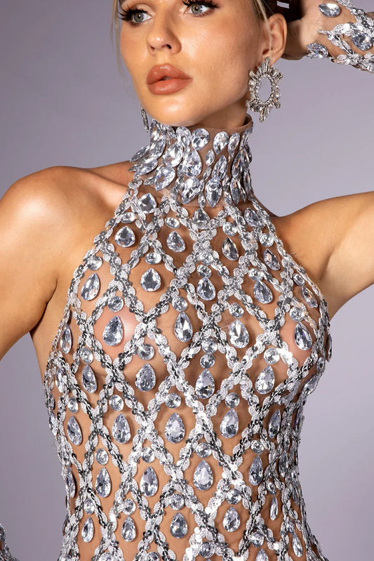 Silver Diamond Sequin Halterneck Mesh Sheer Mini Dress | Mix Mix Style [Hot Seller]