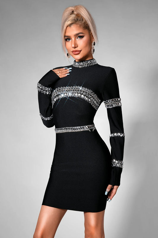 Black Long Sleeve Rhinestone Bandage Mini Dress | Mix Mix Style [Hot Seller]