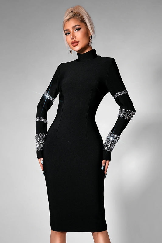 Black Long Sleeve Rhinestone Long Sleeve Midi Dress | Mix Mix Style [Hot Seller]