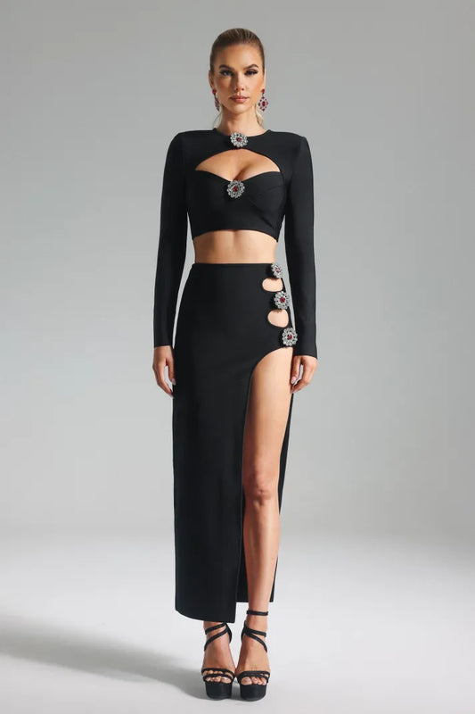 Black Loing Sleeve Cutout side Slit Diamond Embellished Bandage Top & Midi Skirt Set | Mix Mix Style