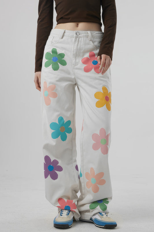High Waisted Jeans with Flowers - White | Mix Mix Style [Hot Seller]