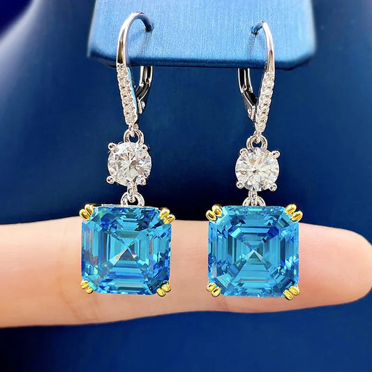 Dainty Trendy Blue Asscher Cut Lab Grown Diamond Elegant 18k White Gold Plated Drop Earrings | Mix Mix Style