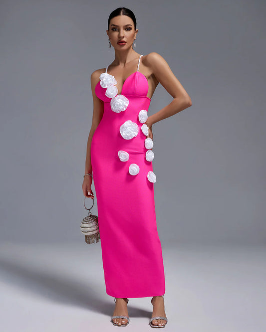 Pink Pearl Strap White-Flowers Slit Bandage Party Prom Maxi Dress | Mix Mix Style