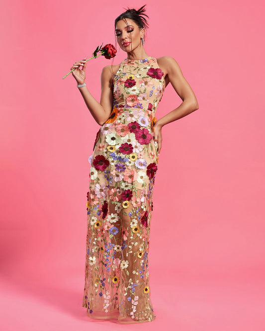 Trendy Multicolor Floral Applique Maxi Dress | Mix Mix Style [Hot Seller]