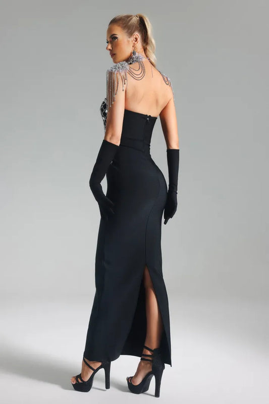 Black Strapless Diamond Embellished Diamonate Back Slit Bandage Party Maxi Dress | Mix Mix Style