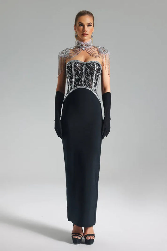 Black Strapless Diamond Embellished Diamonate Back Slit Bandage Party Maxi Dress | Mix Mix Style
