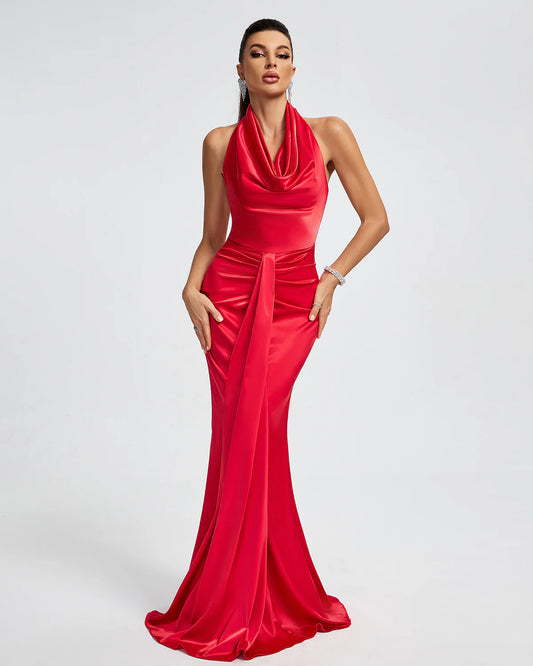 Red Halterneck Draped Ruched Satin Mermaid Prom Party Maxi Dress | Mix Mix Style
