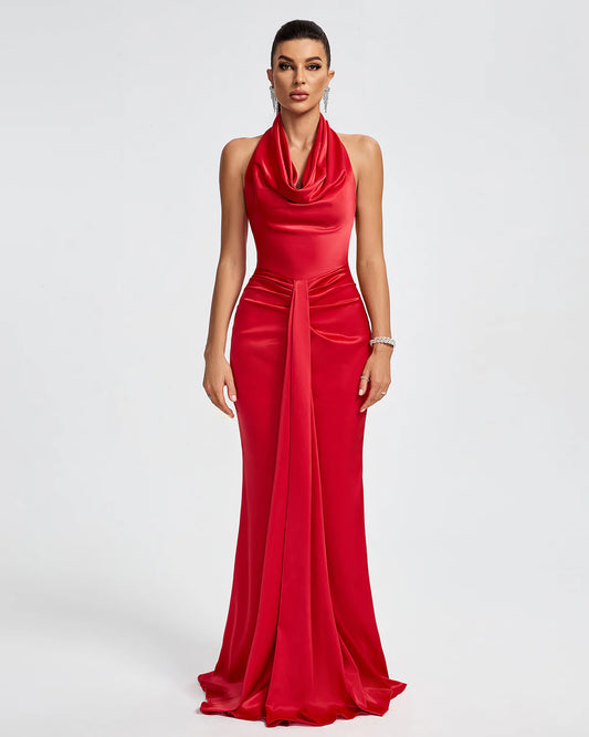 Red Halterneck Draped Ruched Satin Mermaid Prom Party Maxi Dress | Mix Mix Style