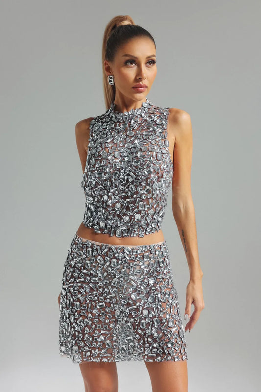 silver metallic stand dollar sleeveless full Diamond-Embellished top & mini skirt Set | Mix Mix Style