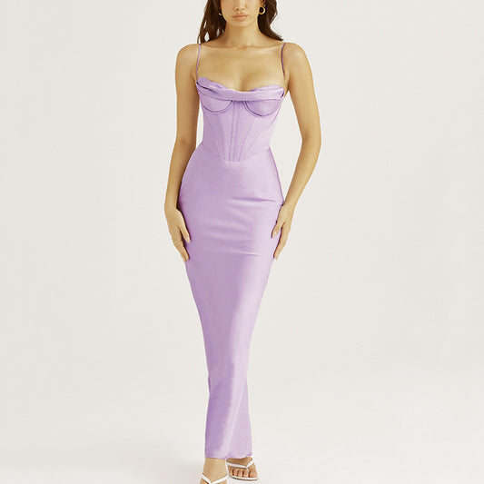 Purple - Pink - Black Draped Bodycon Corset Straps Satin Elegant Party Prom Maxi Dress | Mix Mix Style