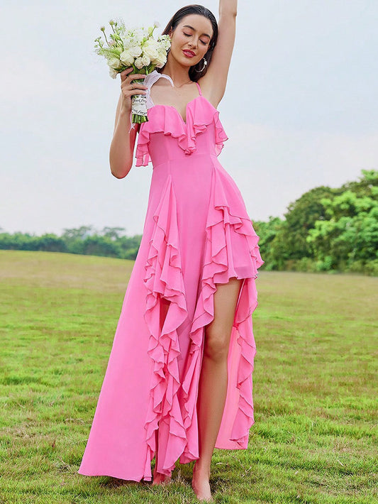 Pink Draped Ruffle Backless Double Slit Casual Birthday Valentine Maxi Dress | Mix Mix Style