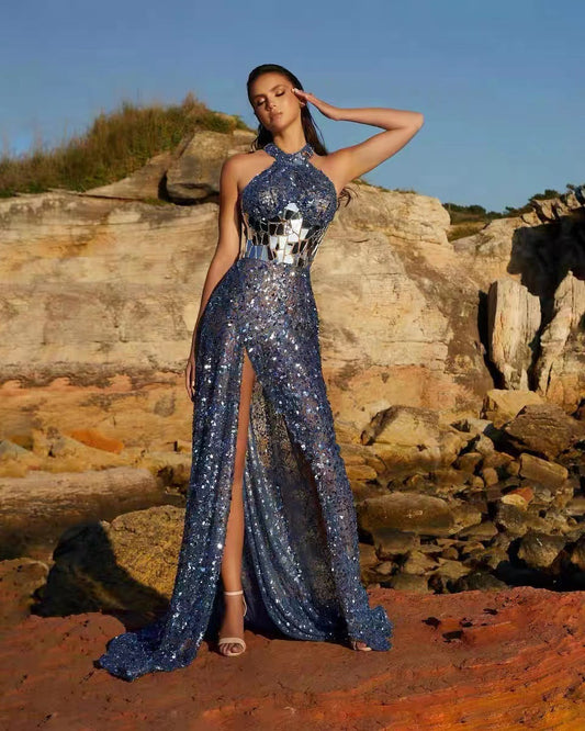 prom dress  blue backless halter neck sequined slit long dress  | Mix Mix Style [Hot Seller]