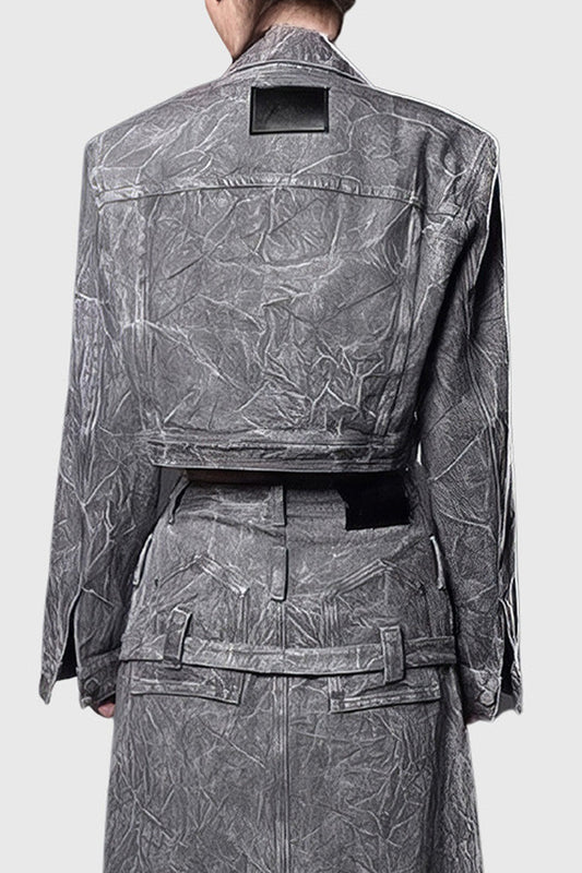 Grey Cropped Denim Jacket with Ripped Hem - Streetwear, Washed