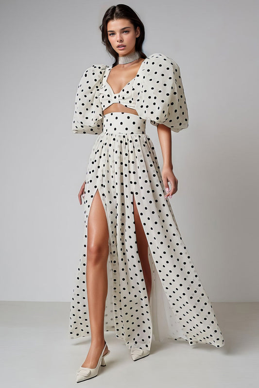 Polka Dot Pattern Sleeve Top & Maxi Slit Skirt Set - White | Mix Mix Style [Hot Seller]
