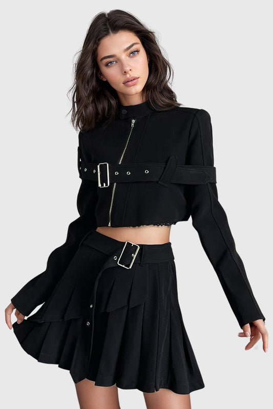 Classic Belted 2-Piece Set with Jacket and Skirt - Black | Mix Mix Style [Hot Seller]