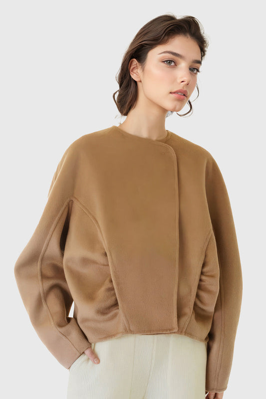 Brown Short Elegant Jacket with Round Neckline | Mix Mix Style [Hot Seller]