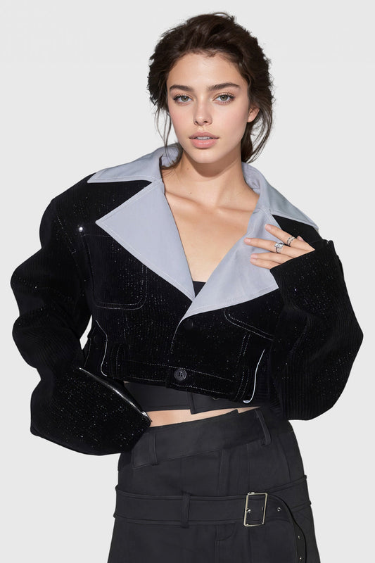 Glamorous Black Cropped Jacket with Rhinestones | Mix Mix Style [Hot Seller]