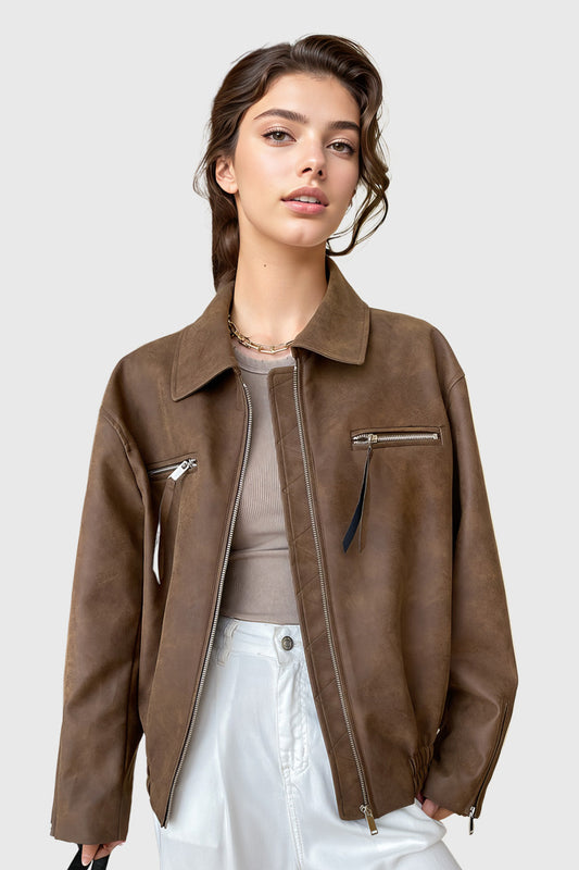 Brown Minimal Vintage Leather Jacket with Zipper | Mix Mix Style [Hot Seller]