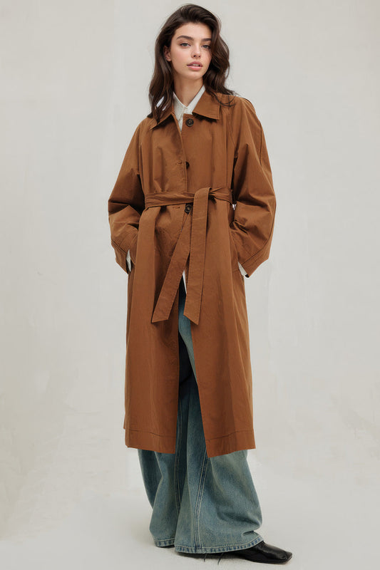 Brown Button-front Long Trenchcoat With Belt | Mix Mix Style [Hot Seller]