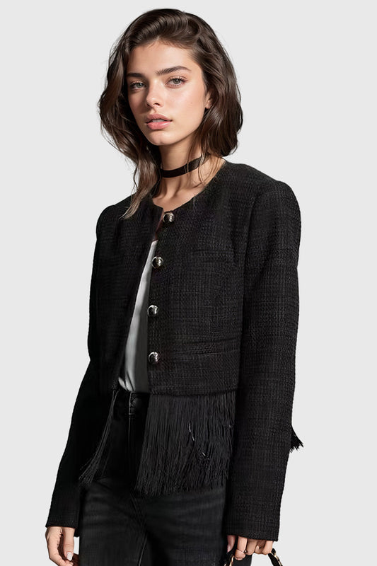 Sophisticated Black Tweed Jacket with Fringe at Hem | Mix Mix Style [Hot Seller]