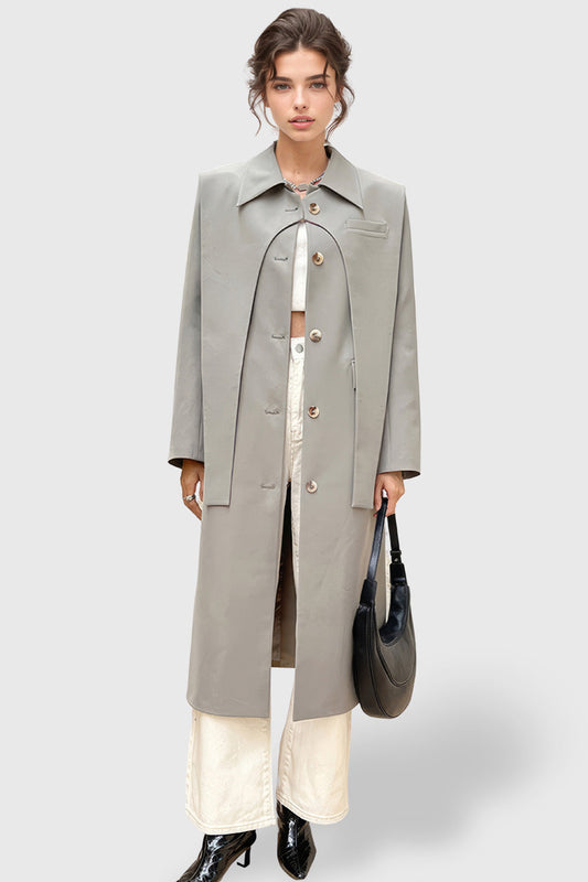 Grey Fitted Trenchcoat with Double Layer Detail | Mix Mix Style [Hot Seller]