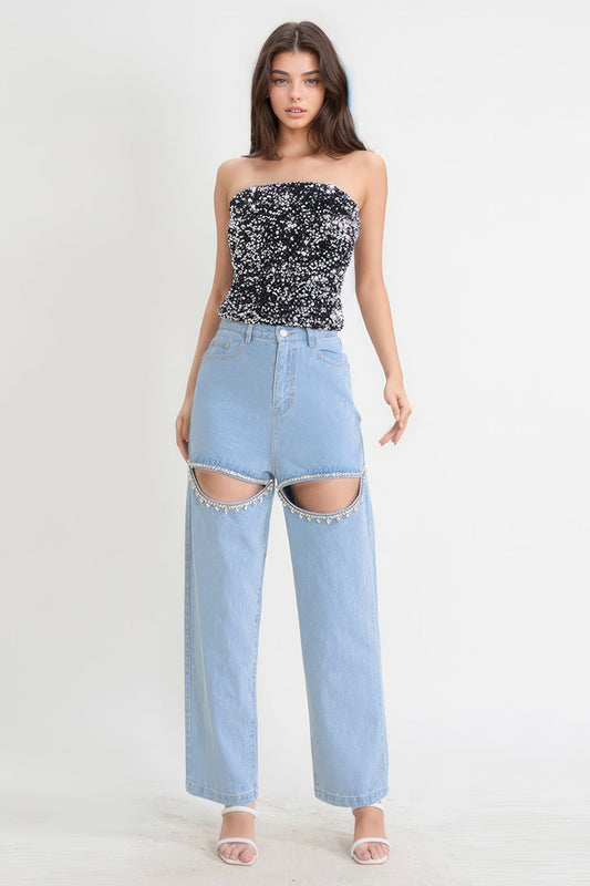 High Waisted Jeans with Cut Outs - Blue | Mix Mix Style [Hot Seller]