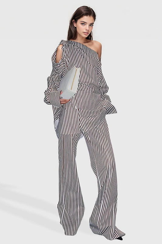 Elegant Striped Co-Ord Shirt and Pants Set - Grey | Mix Mix Style [Hot Seller]