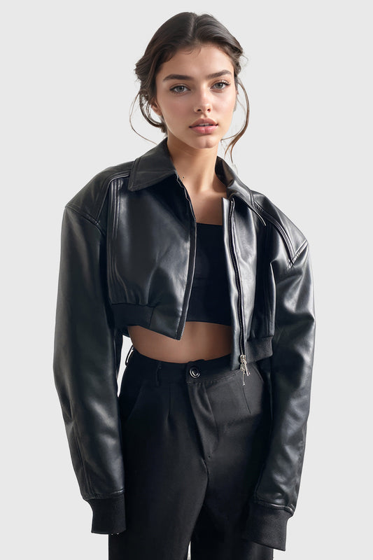 Edgy Black Short Bomber Jacket in Leather | Mix Mix Style [Hot Seller]