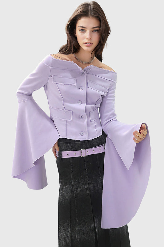 Extra Bell Long Sleeves Off Shoulders Top - Purple | Mix Mix Style [Hot Seller]