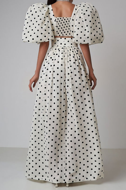 Polka Dot Pattern Sleeve Top & Maxi Slit Skirt Set - White | Mix Mix Style [Hot Seller]