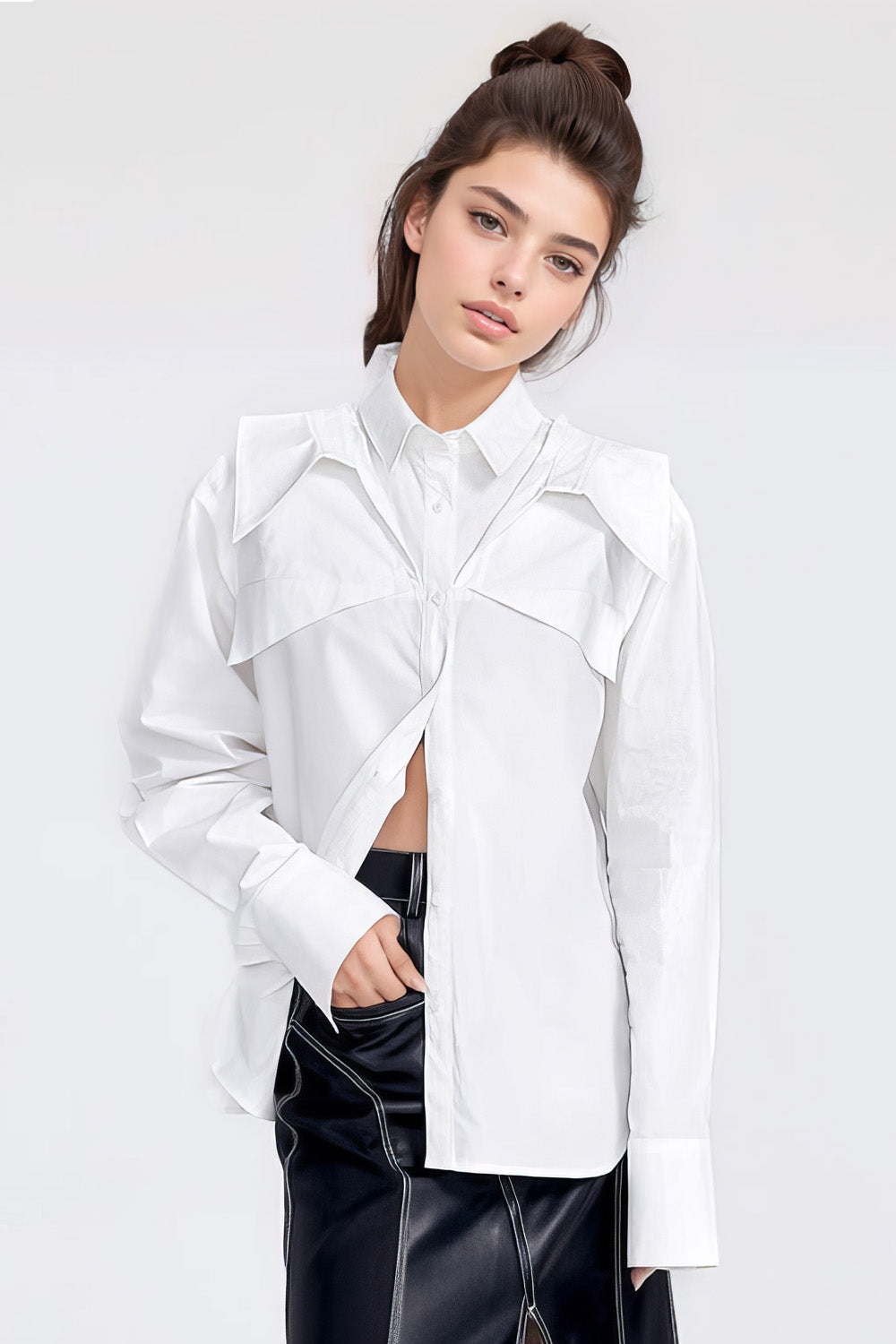 Modern Long Sleeve Shirt with Shoulder Detail - White | Mix Mix Style